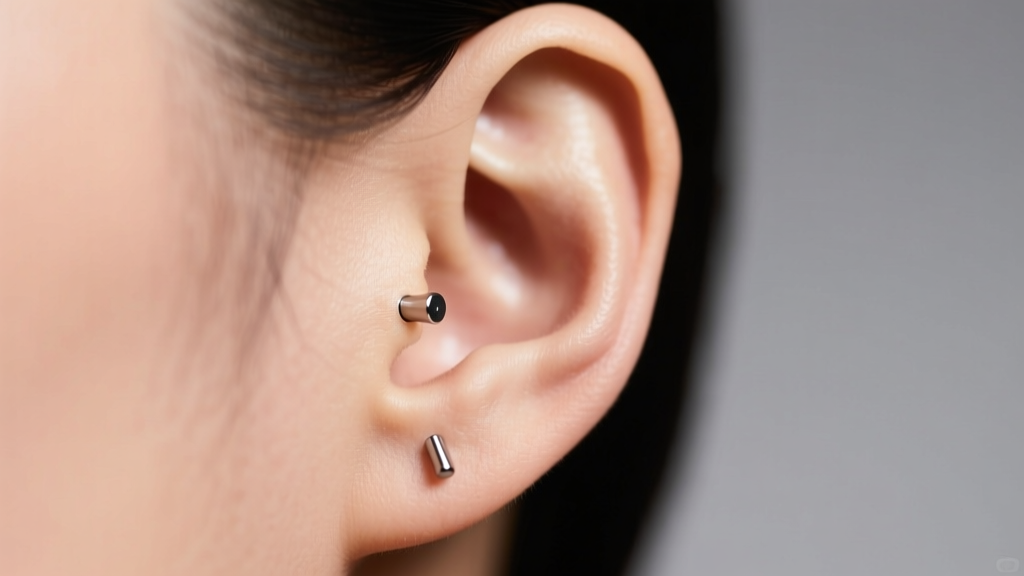 Close-up of a healthy earlobe piercing with a titanium stud under soft clinical lighting against a clean grey backdrop