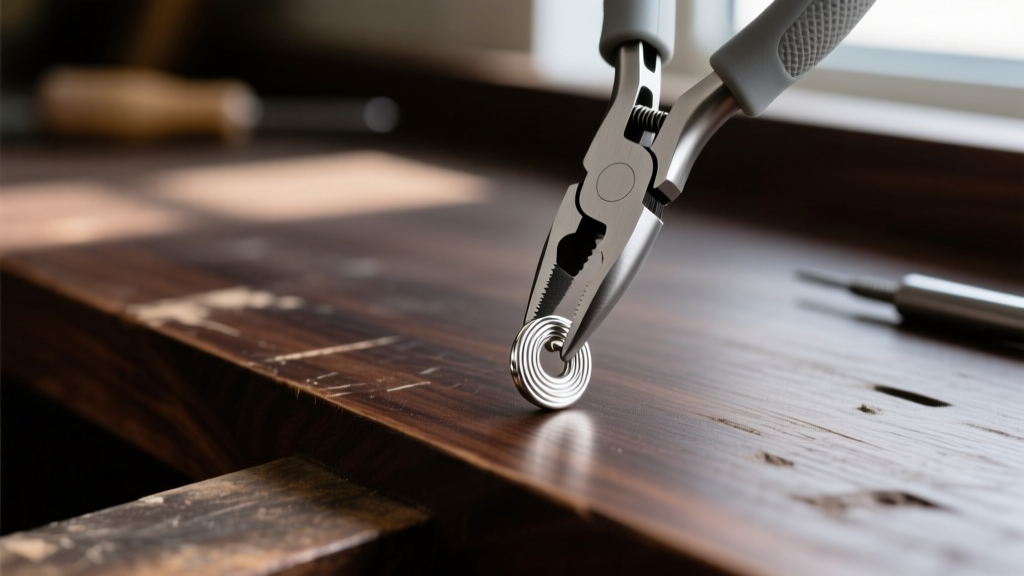 Macro shot of a 20-gauge silver earring post being gently adjusted with nylon-jaw pliers on a dark wooden jeweler workbench.