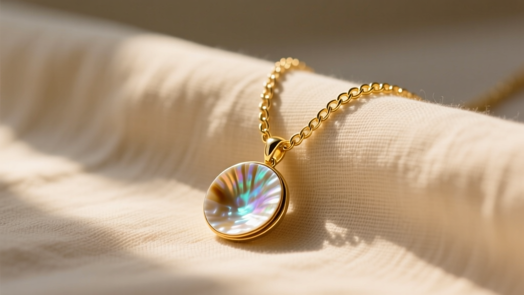 14k gold chain holding an iridescent puka seashell pendant resting on soft beige linen cloth illuminated by warm natural sunlight