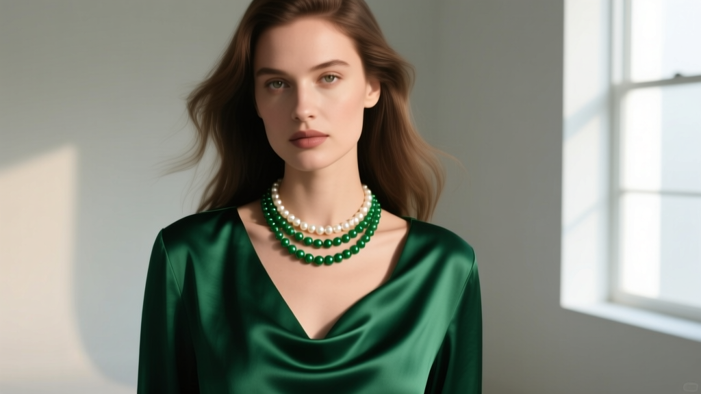 Editorial portrait of a woman wearing an asymmetrical silk blouse with a layered emerald pearl necklace resting on her collarbone.