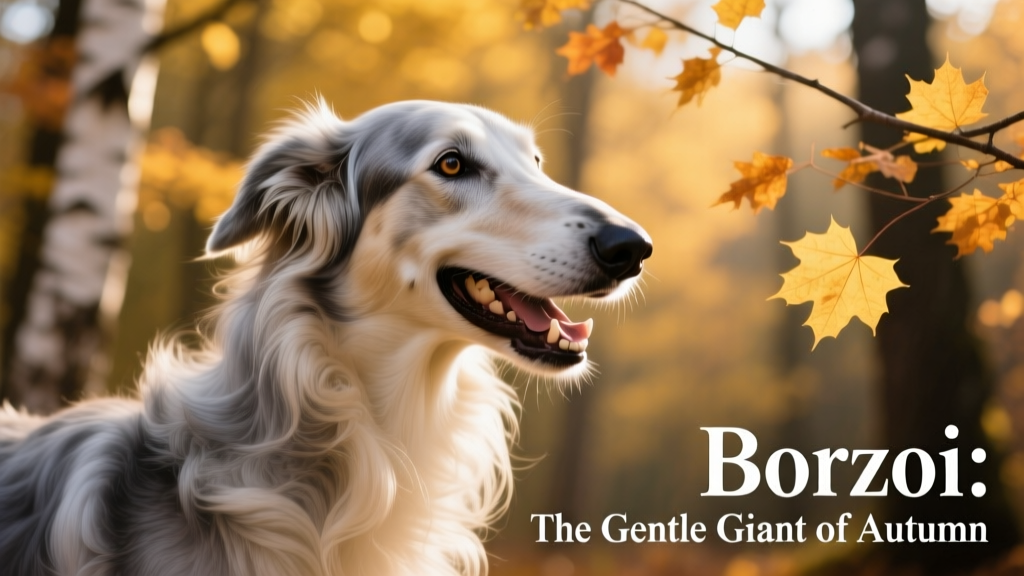 closeup of a borzoi smiling with fall foliage in the background