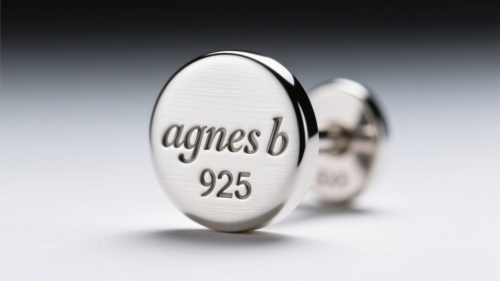 Extreme macro photography of the lowercase agnes b hallmark and 925 stamp engraved on a sterling silver earring post backing
