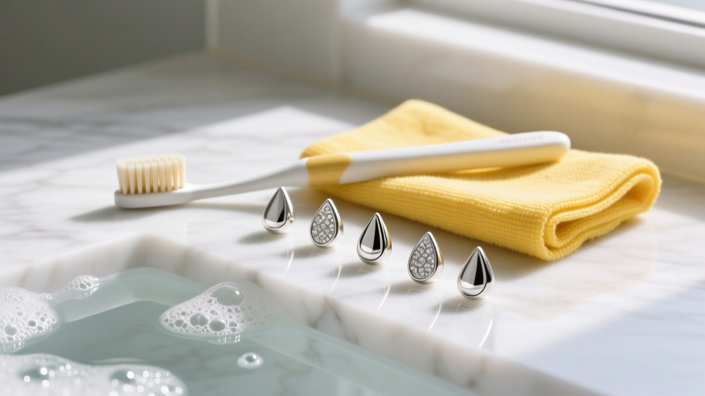Soft toothbrush and yellow polishing cloth on marble next to soapy water, ready to clean delicate sterling silver teardrops