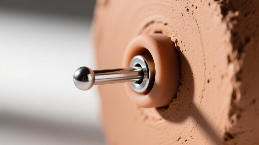Close-up of a 20-gauge niobium post in a clay backing, showing the hypoallergenic metal and a secure silicone earring clutch