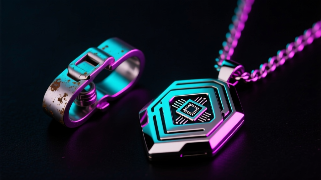 Tarnished 316L steel necklace clasp beside a pristine Grade 5 titanium cyberpunk pendant illuminated by moody neon UV lighting.