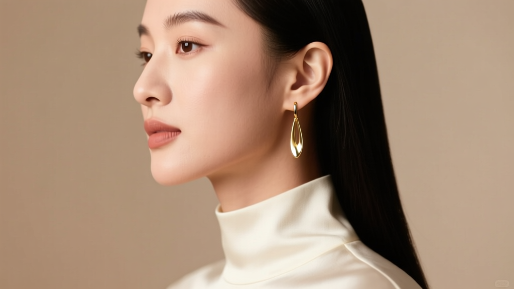 Side profile of a woman wearing a sleek gold drop earring framing her jawline, soft studio lighting, warm neutral background.