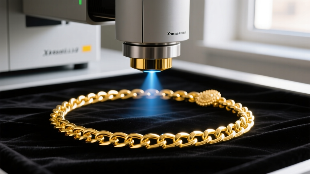 XRF spectrometer scanning a 22k yellow gold bismarck chain on dark velvet to determine exact elemental metal composition.