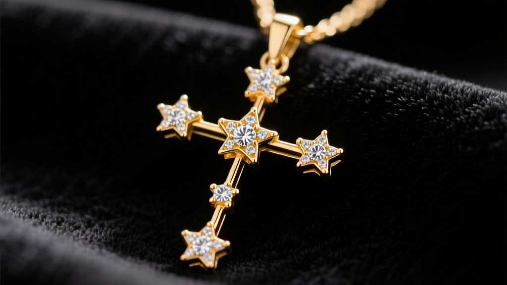 Macro shot of a gold constellation cross pendant where stars form the shape, featuring tiny bezel-set diamonds on dark velvet fabric.