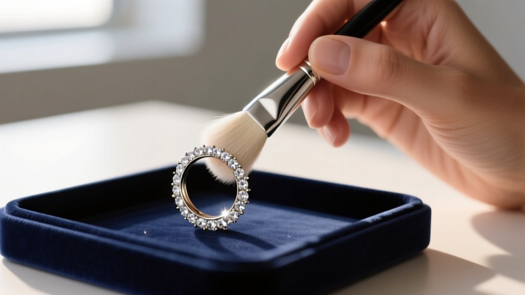 Close-up of hands using a soft brush to clean a pavé diamond hoop earring resting on a velvet-lined jewelry maintenance tray