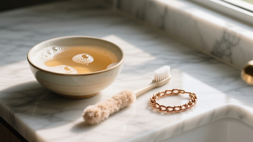 A ceramic bowl with warm soapy water and a soft toothbrush next to a slightly tarnished 10k rose gold chain on a marble counter.
