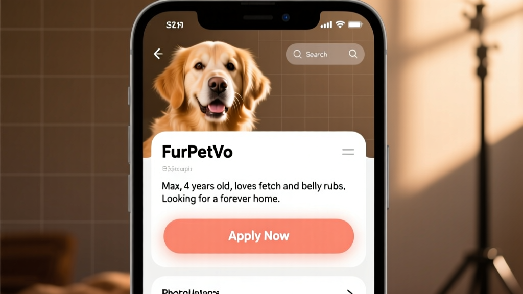 Screenshot-style graphic showing a FurPetVo profile page with a dog's photo, bio, and 'Apply Now' button