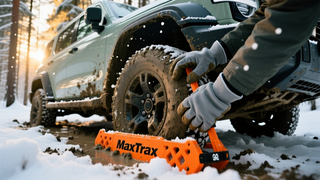 Hands in insulated winter gloves attaching bright orange MaxTrax recovery boards to the tires of a mud-covered 4x4 SUV in a snowy forest