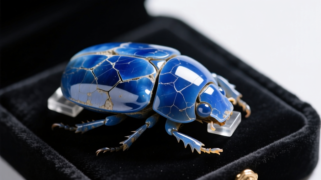 Microscope view of a cracked blue steatite scarab stabilized with clear conservation resin on a dark jeweler's workbench.