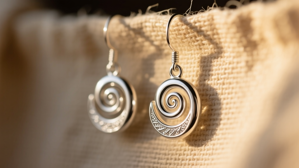 Close-up of polished sterling silver koru spiral drop earrings hanging from a textured linen backdrop in warm, natural sunlight.