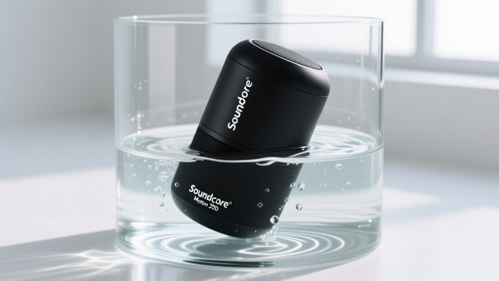Close-up of a Soundcore Motion 300 speaker submerged halfway in a clear glass tank of water to demonstrate IPX7 waterproof rating