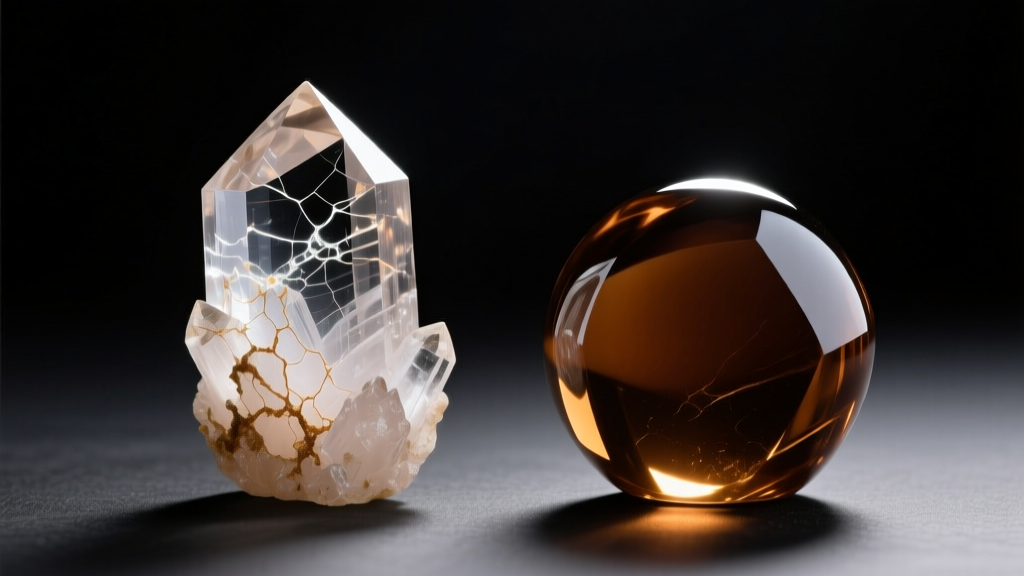 Macro view of natural Cairngorm quartz inclusions beside a flawless brown glass imitation stone under bright jeweler
