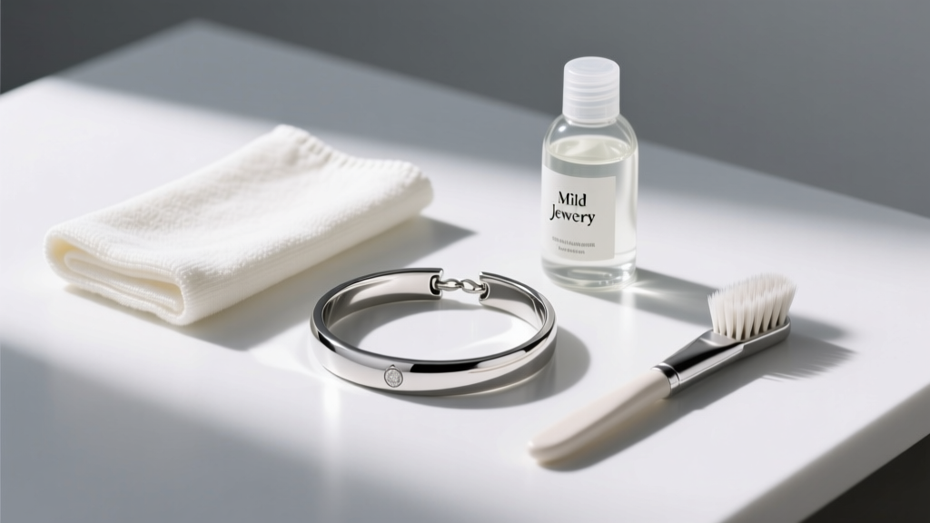 Curated jewelry care kit with a microfiber cloth, mild soap, and soft-bristle brush next to a polished surgical steel bracelet