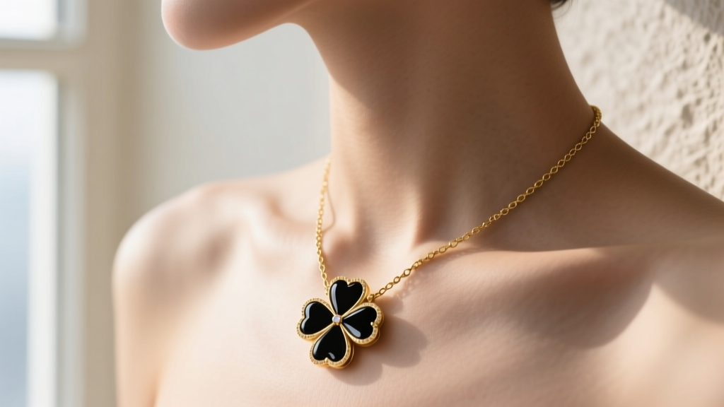 Side profile of 14k gold clover necklace on collarbone, showing the 18-inch length and flush-set black onyx stone inlay detail.