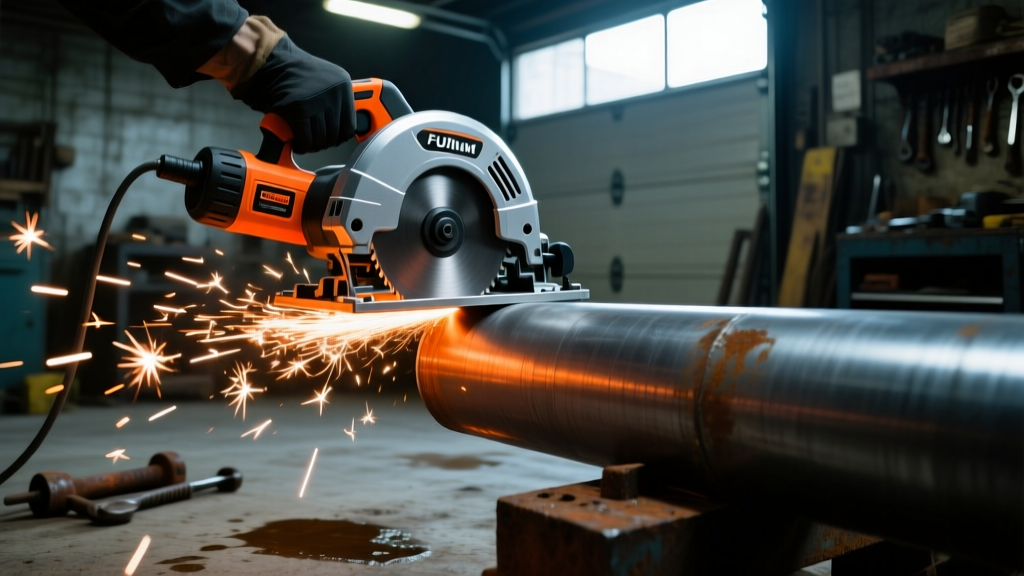 A cordless compact band saw cutting through a thick steel pipe in a dimly lit garage, with sparks illuminating the safety guard.