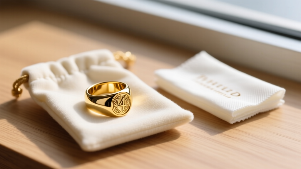 A freshly replated 14k yellow gold signet ring resting in a microfiber pouch next to a pH-neutral jewelry cleaning cloth on wood.