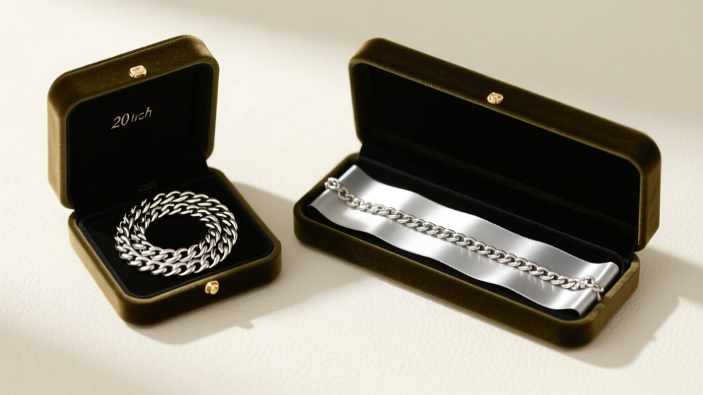 Two velvet boxes open, one holding a coiled 20-inch chain and the other a flat 18-inch chain, placed beside anti-tarnish strips.