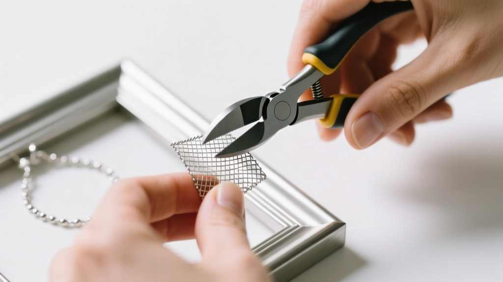 Close-up of hands using wire cutters to trim 19-gauge stainless steel mesh for a DIY picture frame jewelry holder repair project.