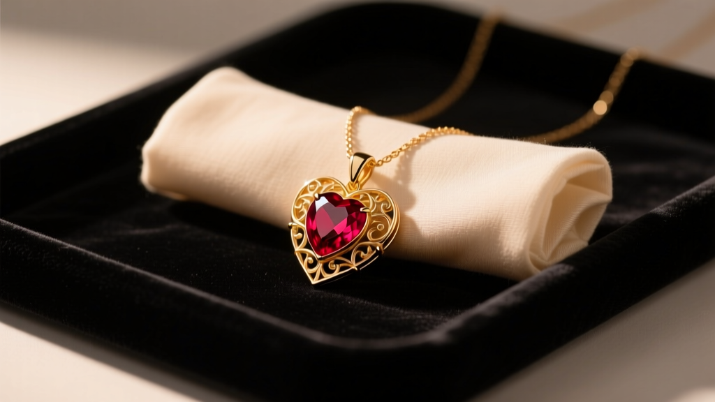 Soft cloth polishing a ruby and gold red heart pendant necklace on a dark velvet tray under warm studio lighting.