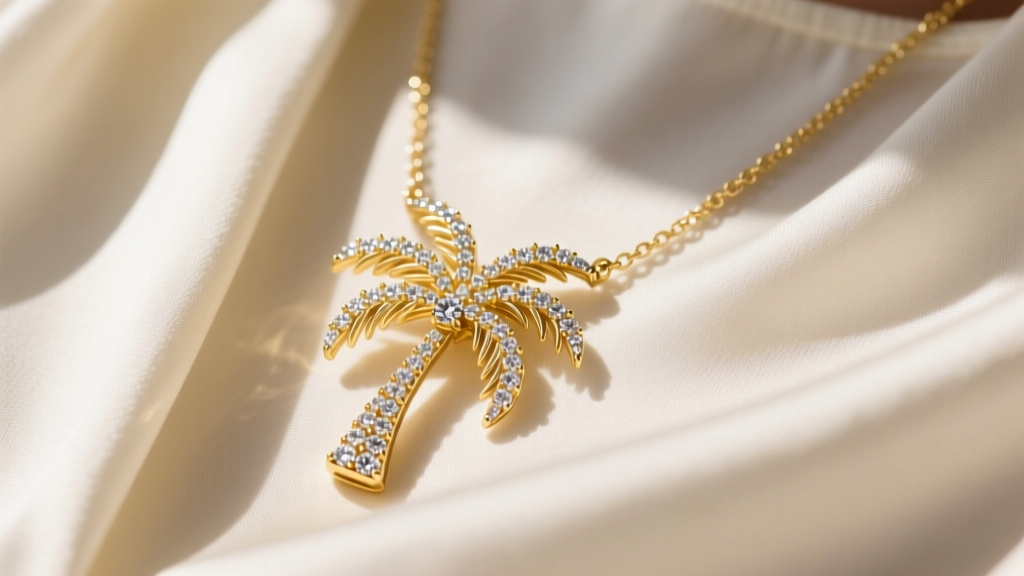Close-up of a 14k yellow gold diamond palm tree necklace on a silk blouse, highlighting micro-pave fronds in natural sunlight.