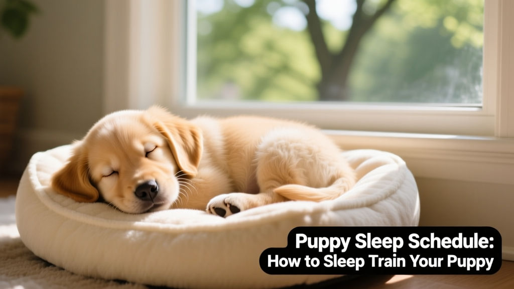 A 3-month-old puppy napping peacefully on a soft dog bed beside a window