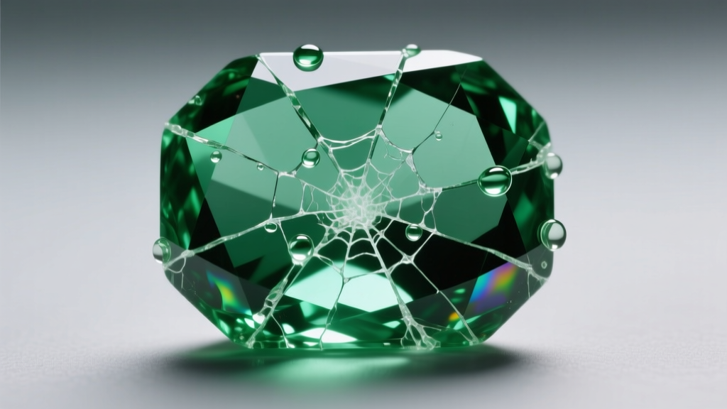 Macro photo of a fractured emerald showing internal oil leakage and spiderweb cracks caused by high-frequency sound waves.