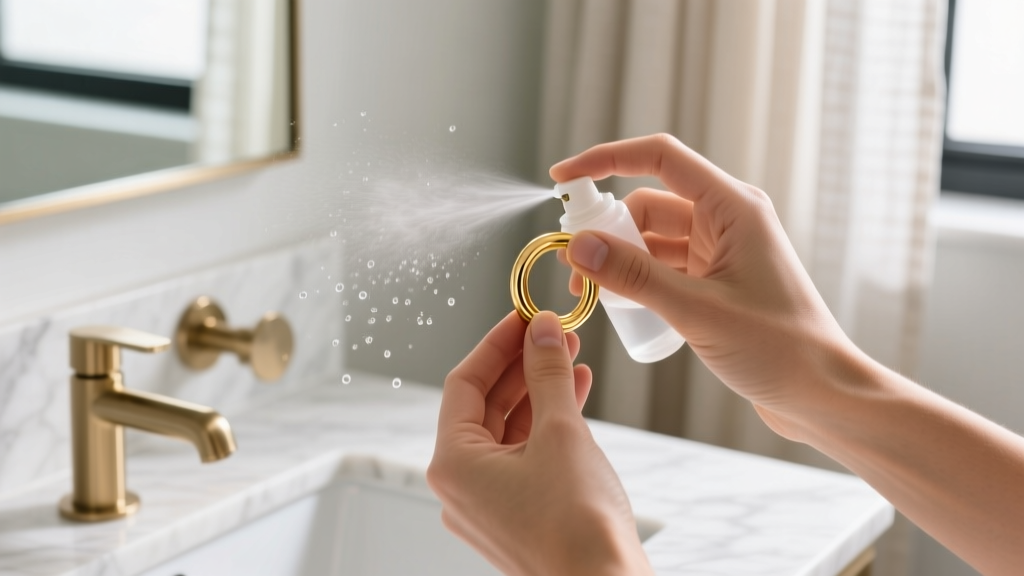 Hands gently cleaning a 14-gauge gold helix hoop with sterile saline spray, captured in bright natural bathroom lighting