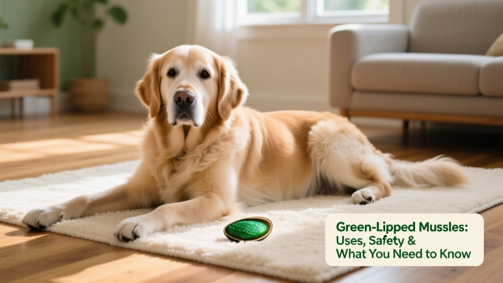 Senior golden retriever comfortably resting on a soft rug, gently stretching a hind leg