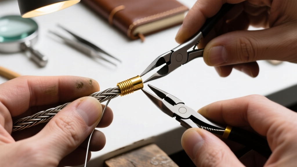 Close-up of a jeweler using micro-crimping pliers to secure a 2x3mm gold-filled tube crimp over a 49-strand steel beading wire.