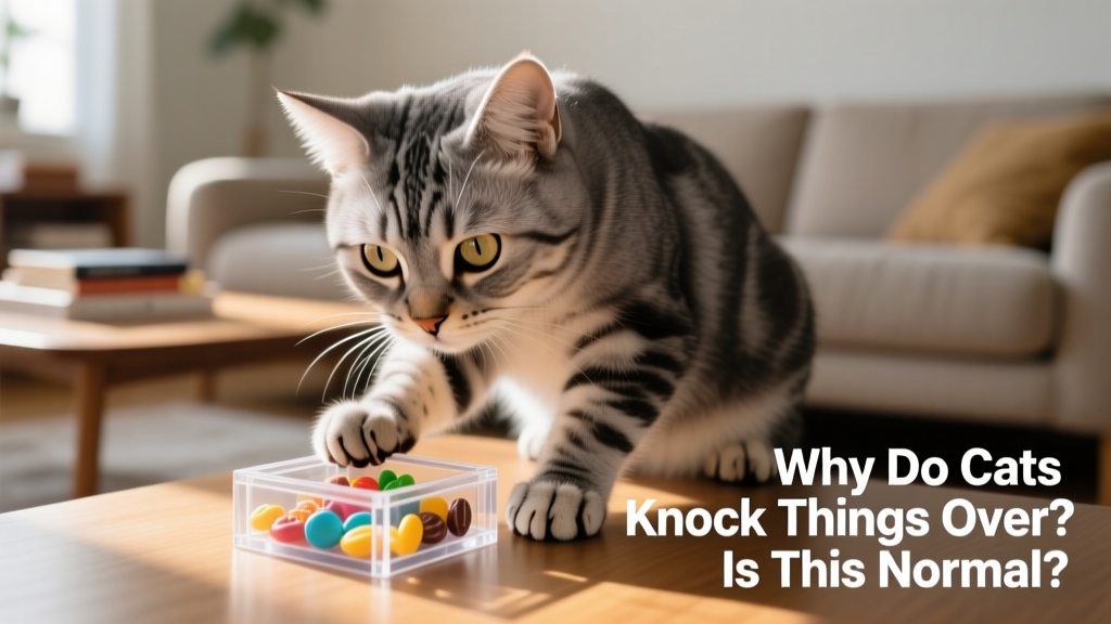 A cat intently focused on a puzzle toy with visible treats inside, paws on the surface