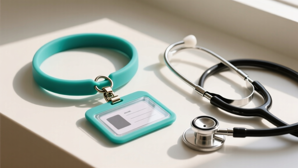 Top-down view of a teal silicone ID holder necklace with a metal swivel clip and clear badge sleeve resting next to a stethoscope.