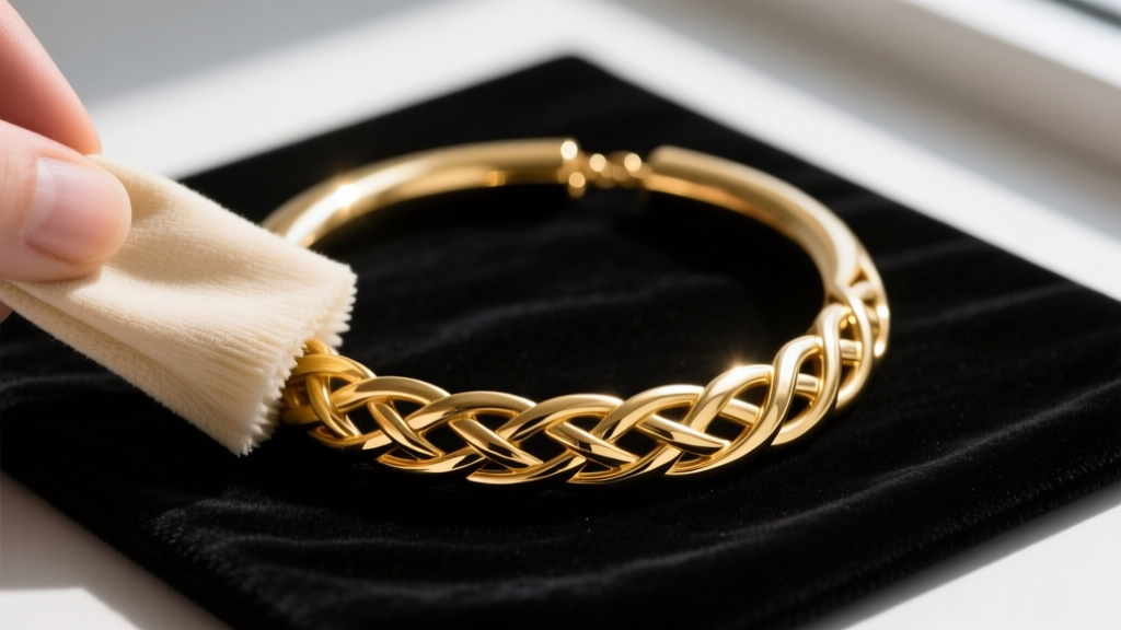 Polishing cloth buffing the terminal end of a 14k gold Celtic torc necklace, revealing a bright finish against a dark velvet mat.