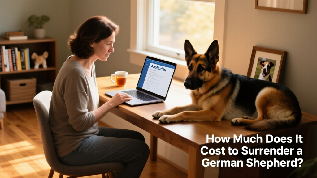 A person reviewing adoption applications on a laptop, with a German Shepherd resting nearby