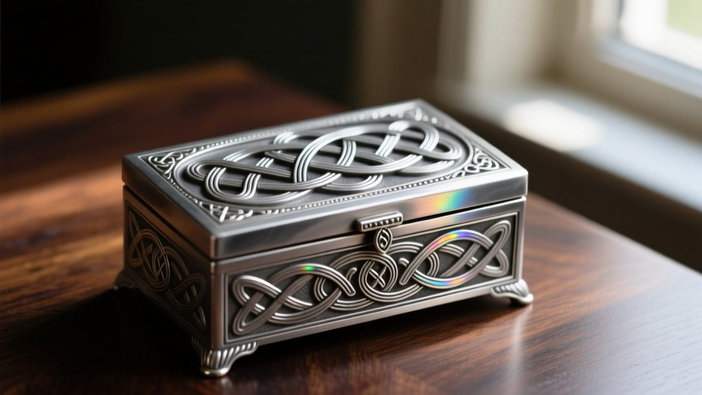 Close-up of an Art Nouveau antique pewter jewelry box with intricate Celtic knotwork on the lid, resting on a dark oak surface.