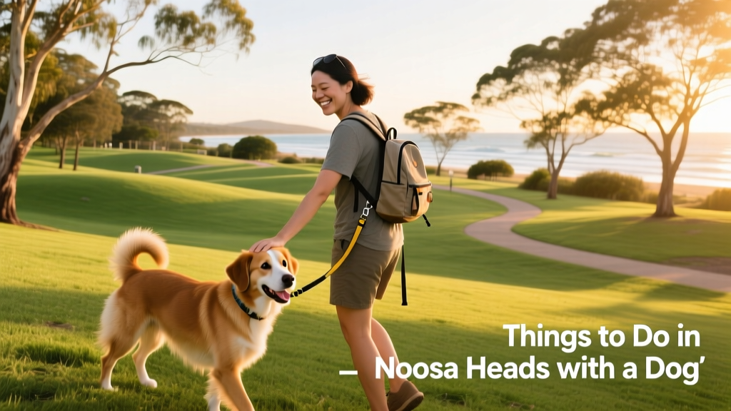 A pet parent and dog enjoying an open green space in a dog-friendly park in Noosa Heads.
