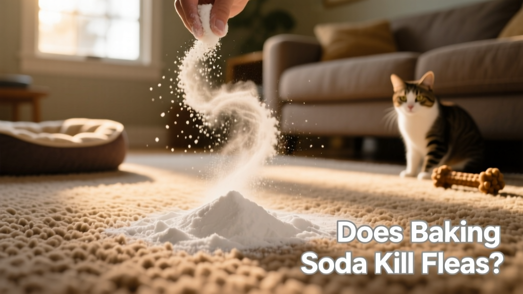 Close-up of baking soda and salt mixture being sprinkled on a carpeted floor