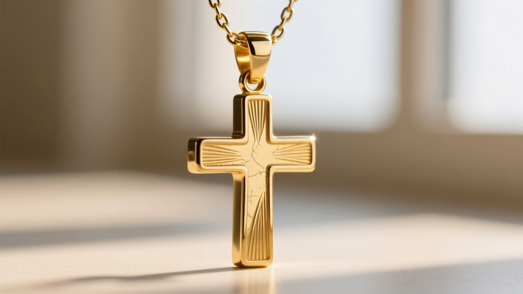 Macro photography of a gold cross pendant bail showing deep friction grooves cut into the metal by a thin stainless steel chain