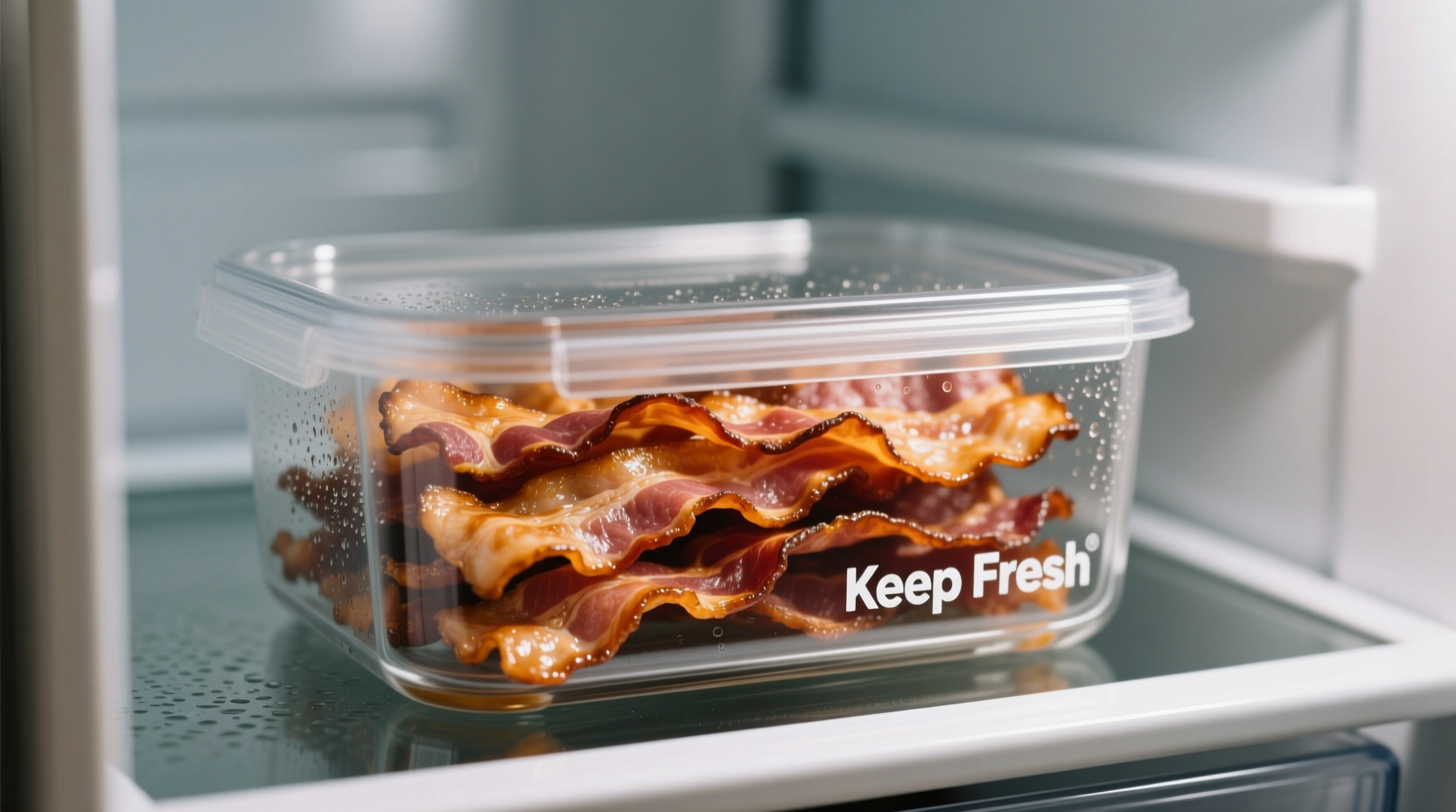 Cooked bacon strips in airtight container with refrigerator