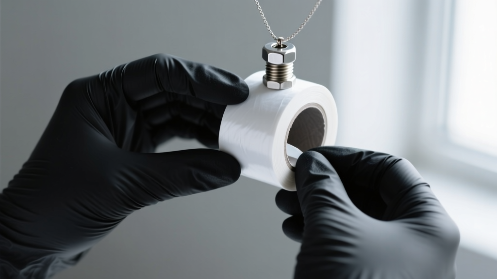 Hands in black nitrile gloves carefully wrapping white PTFE thread seal tape around the steel cap of a blood vials necklace.