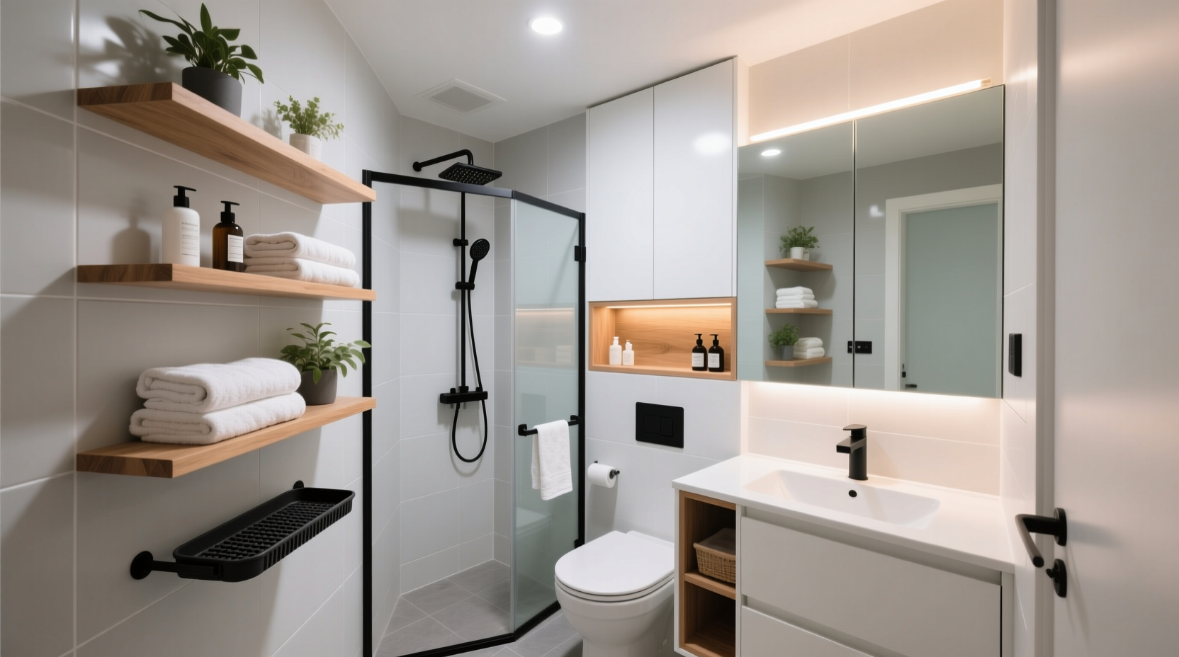 how to organize a small bathroom with floating shelves and smart storage hacks