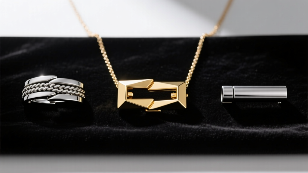 Flat lay of three necklace stack clasps: a gold bayonet clasp, a multi-strand slide converter, and a magnetic tube clasp on dark velvet.