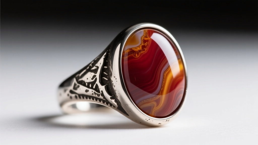 Macro shot of Imperial jasper cabochon in an oxidized silver signet ring, showing the stone's vivid green and pink banding pattern
