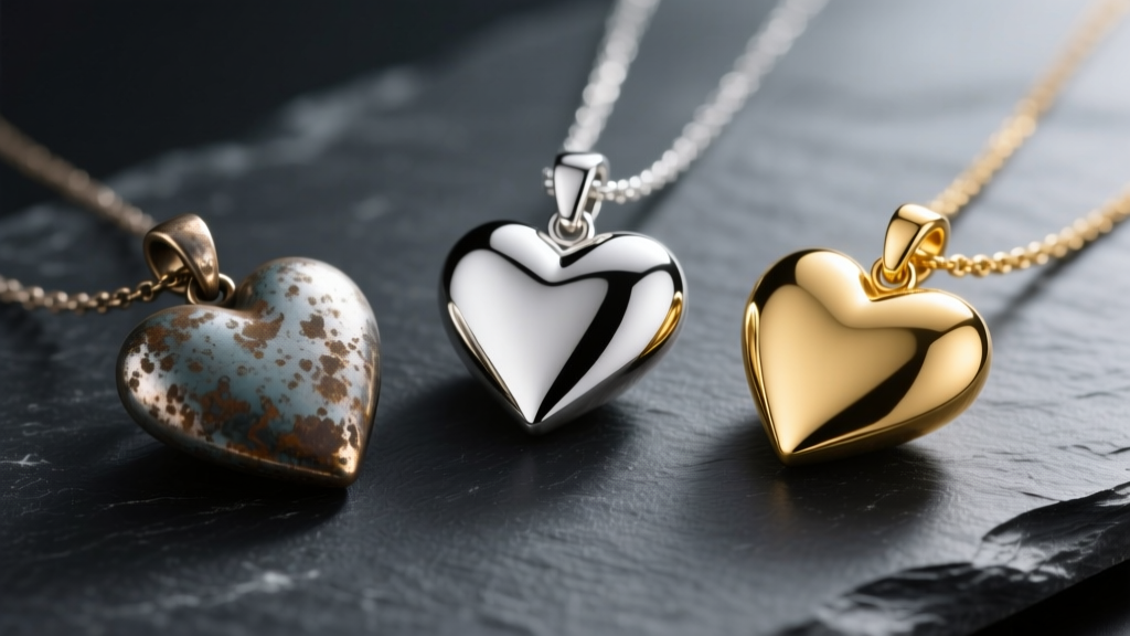 Three heart pendants on dark slate: a tarnished alloy piece, a polished sterling silver one, and a glowing solid 14k gold pendant.