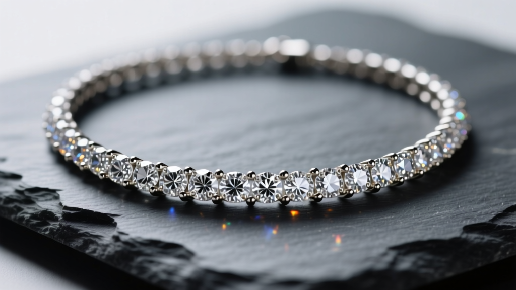 Macro shot of a diamond pave necklace on slate, highlighting micro-prongs and brilliant melee diamonds under soft studio lighting
