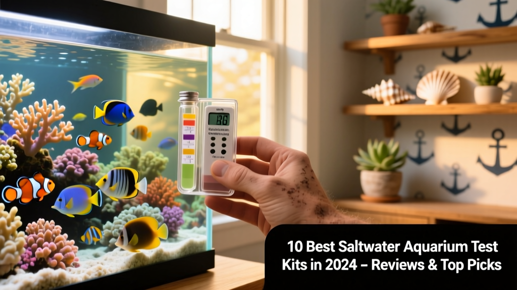 Hand holding a saltwater test kit next to a thriving reef aquarium with visible coral and fish