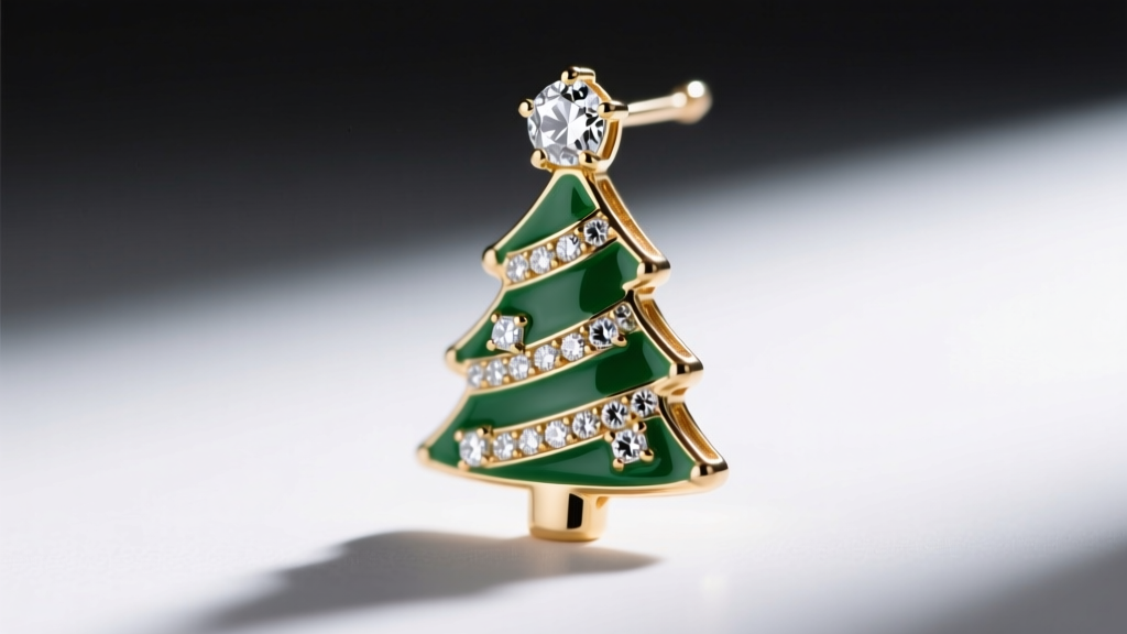 Macro shot of pavé cubic zirconia and green epoxy enamel on a brass Christmas tree earring under bright studio lighting conditions.